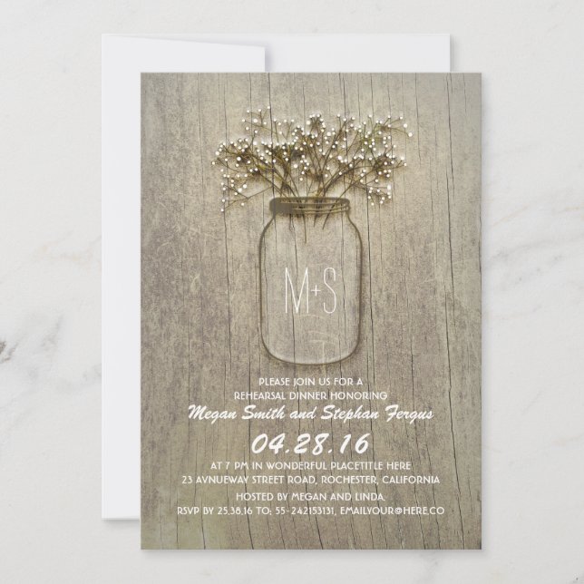 Baby's Breath Mason Jar Rustic Rehearsal Dinner Invitation (Front)