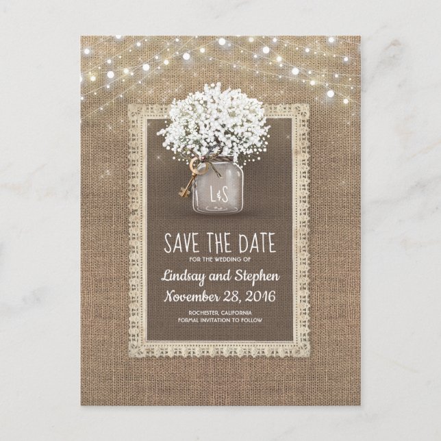 Baby's Breath Mason Jar Rustic Save the Date Announcement Postcard (Front)