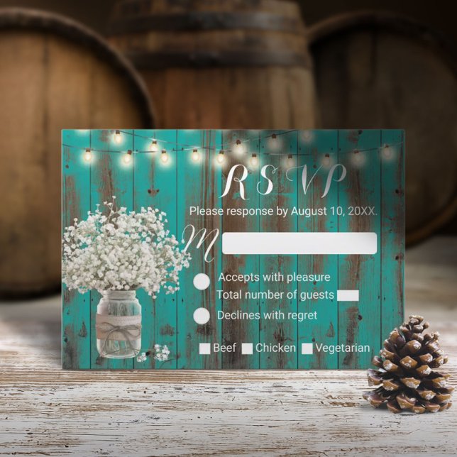 Baby's Breath Mason Jar Rustic Teal Barn Wood RSVP Card (Creator Uploaded)