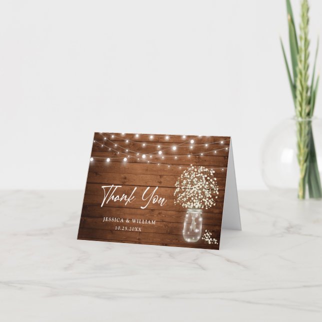 Baby's Breath Mason Jar Rustic Watercolor Thank You Card (Front)