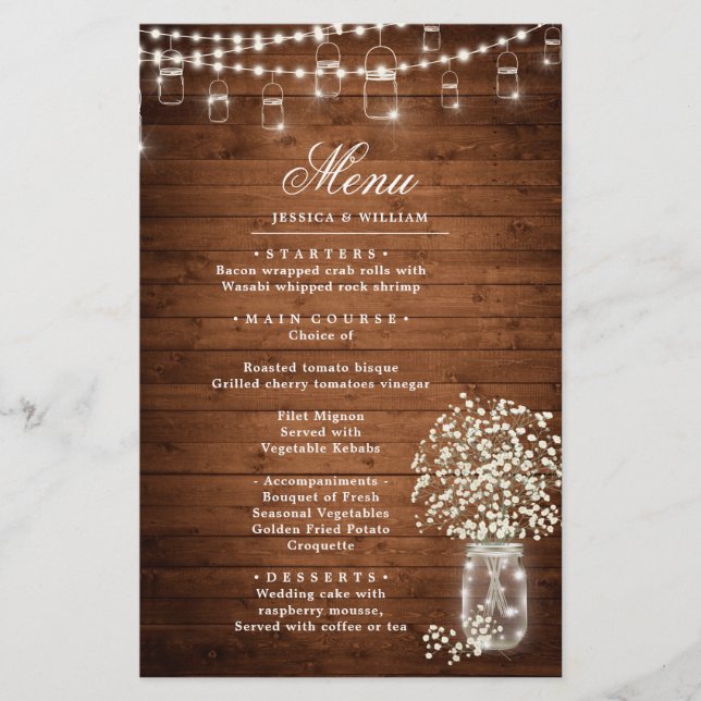 Baby's Breath Mason Jar Rustic Wedding Dinner Menu (Front)