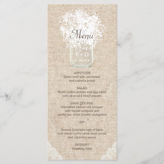 Baby's Breath Mason Jar Rustic Wedding Menu (Front)