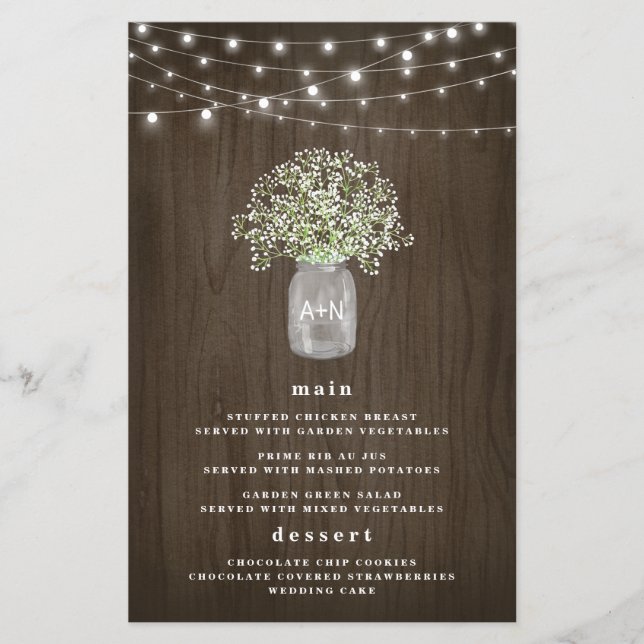 Babys Breath Mason Jar Rustic Wedding Menu Cards (Front)