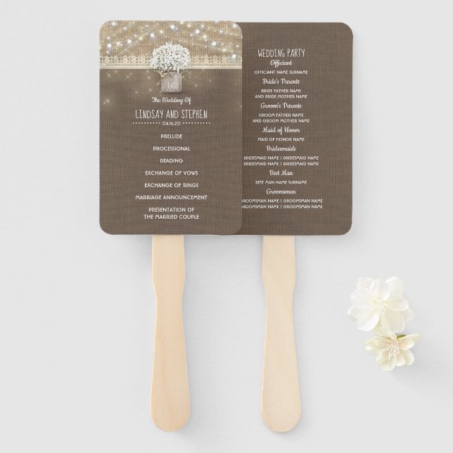 Baby's Breath Mason Jar Rustic Wedding Program Hand Fan (Front and Back)