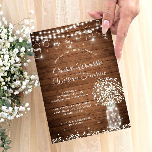 Baby's Breath Mason Jar Rustic Wood Wedding Invitation