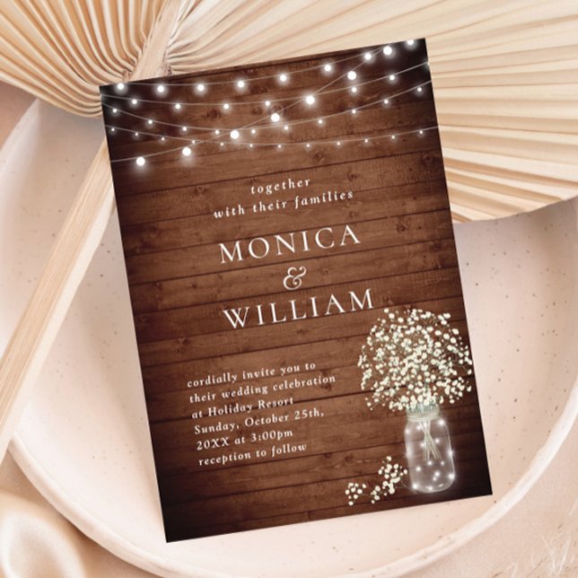 Baby's Breath Mason Jar Rustic Wood Wedding Invitation (Creator Uploaded)