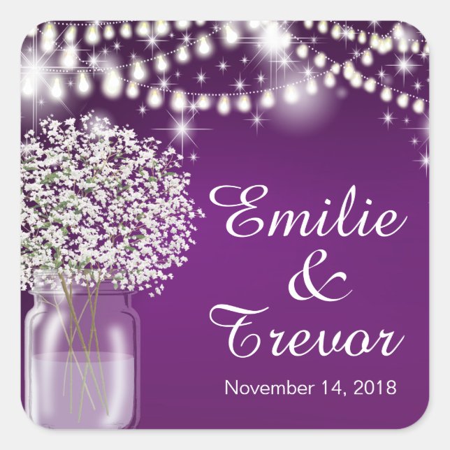 Baby's Breath Mason Jar String Lights purple Square Sticker (Front)