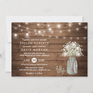 Baby's Breath Mason Jar String Lights Wedding Invitation