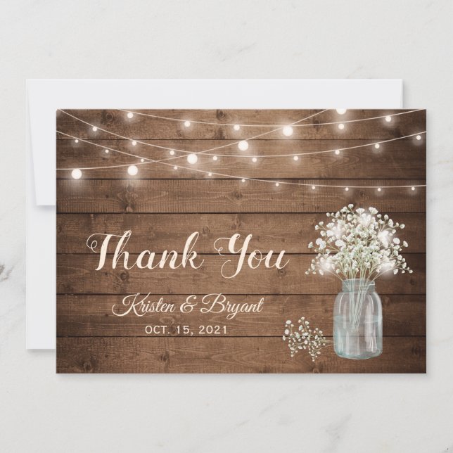 Baby's Breath Mason Jar String Lights Wedding Thank You Card (Front)