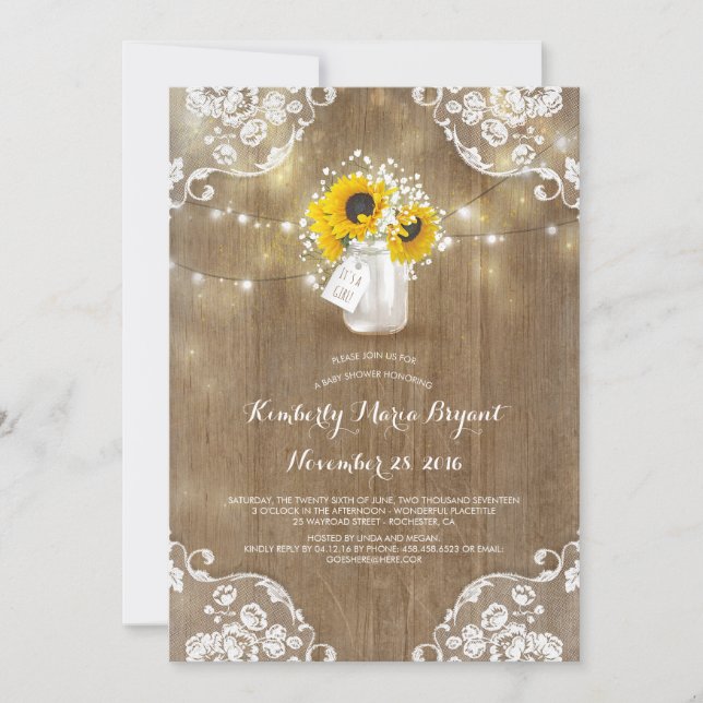 Baby's Breath Mason Jar Sunflowers Baby Shower Invitation (Front)
