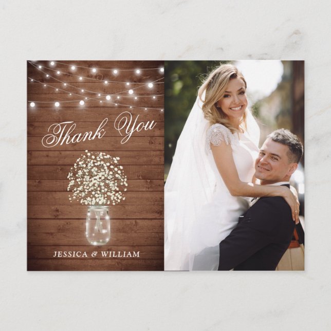 Baby's Breath Mason Jar Wedding Photo Thank You Postcard (Front)