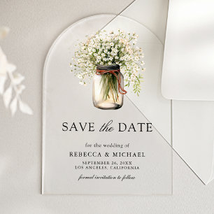 Baby's Breath Mason Jar Wedding Save the Date Acrylic Invitations