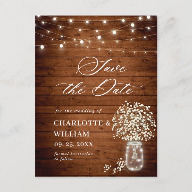 Baby's Breath Mason Jar Wedding Save the Date Postcard (Front)