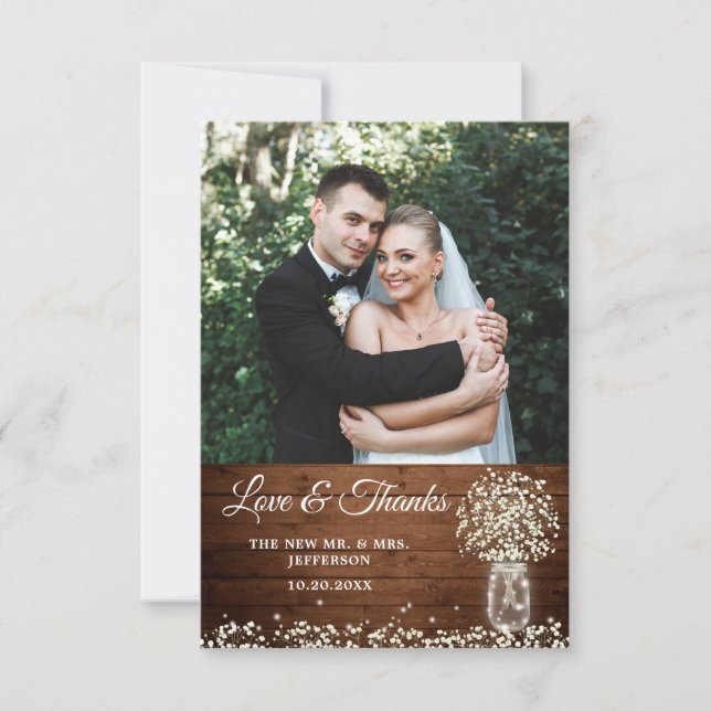 Baby's Breath Mason Jar Wood Photo Thank You Card (Front)