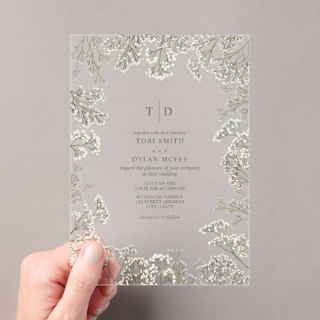 Baby's Breath Monogram Botanical Wedding Acrylic Invitations (Insitu (Handheld))