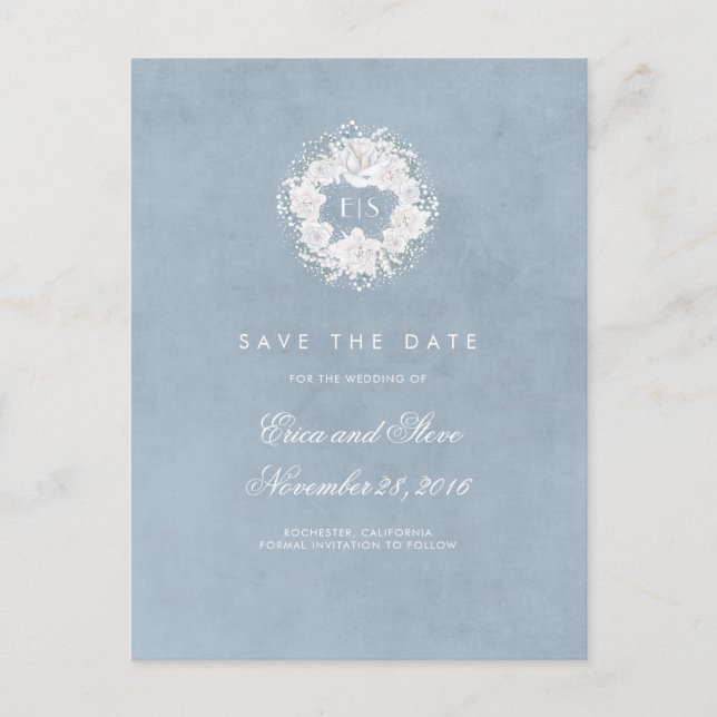 Baby's Breath Monogram Dusty Blue Save the Date Announcement Postcard (Front)