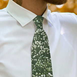 Baby's breath on dark sage green neck tie