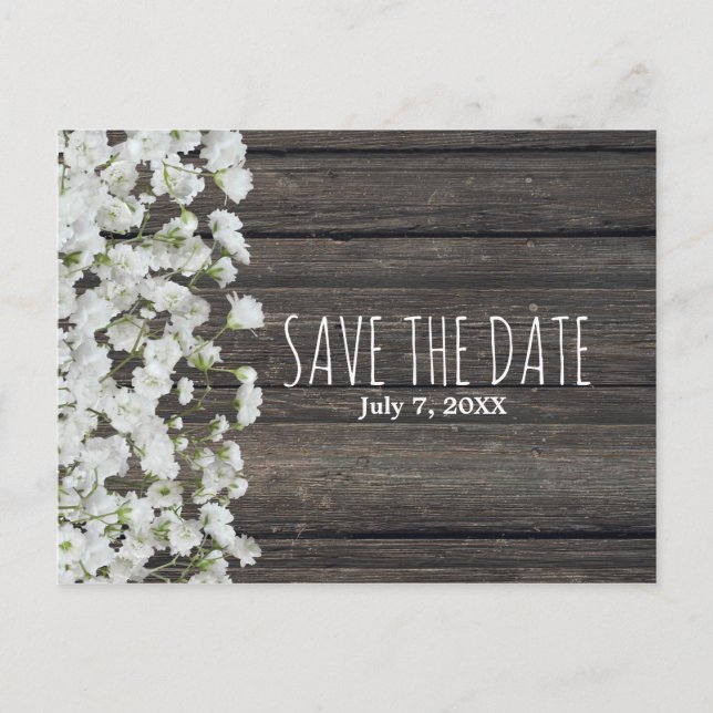 Baby's Breath on Rustic Wood Country Wedding Announcement Postcard (Front)