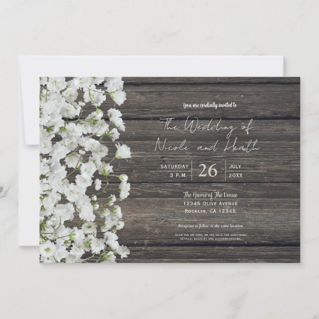 Baby's Breath on Rustic Wood Country Wedding Invitation (Front)