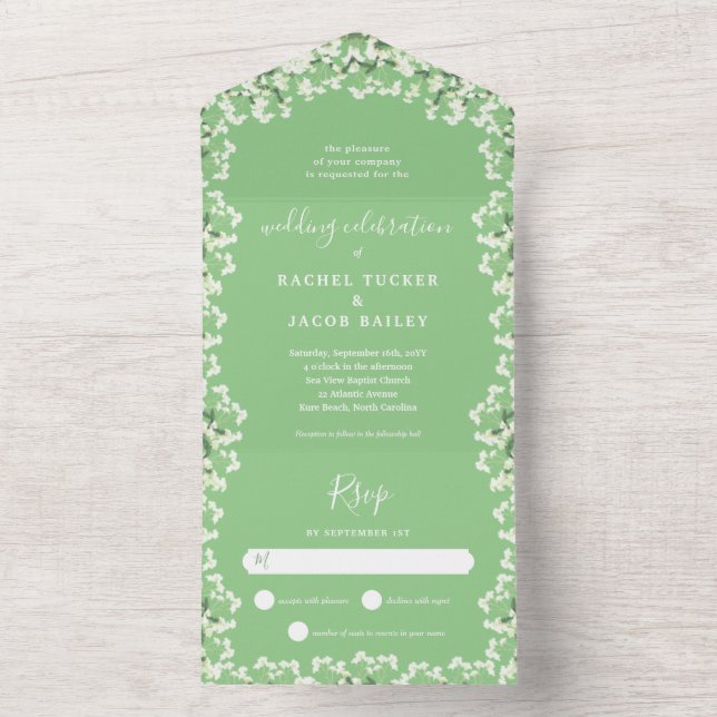 Baby's Breath on Sage Green Floral Spring Wedding All In One Invitation (Inside)