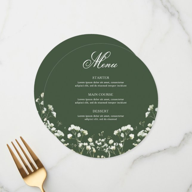 Baby's Breath  on Sage Green Round Menu (Front/Back In Situ)