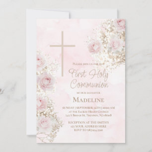 Baby's Breath pink roses First Holy Communion Invitation