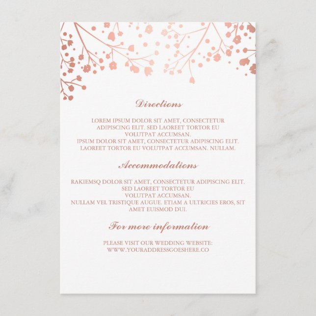 Baby's Breath Rose Gold and White Wedding Details Enclosure Card (Front)