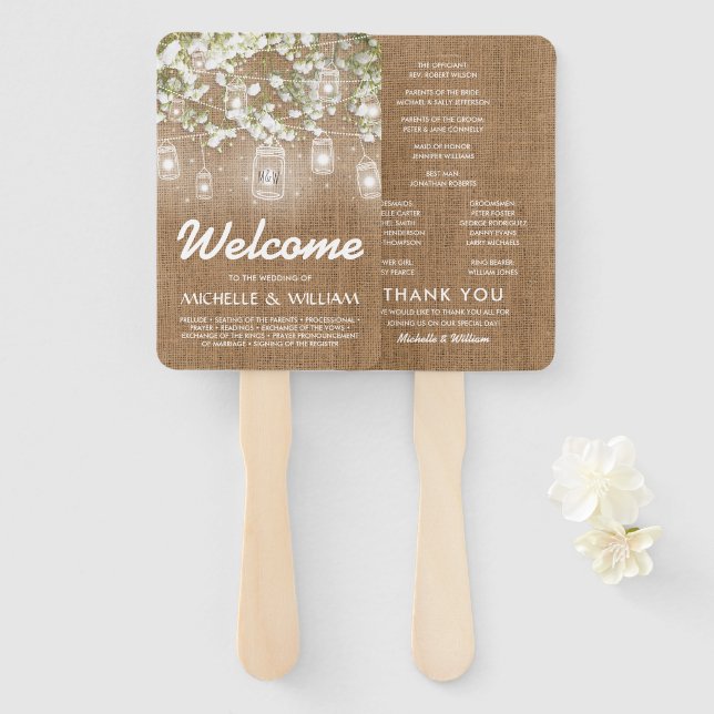 Baby's Breath Rustic Burlap Wedding Program Hand Fan (Front and Back)