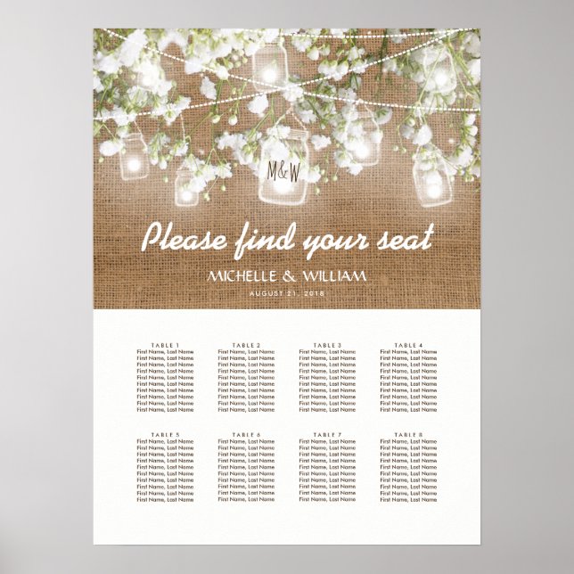Baby's Breath Rustic Burlap Wedding Seating Chart (Front)