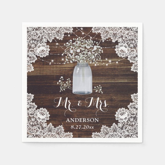 Baby's Breath Rustic Country Wood Lace Wedding Napkin (Front)
