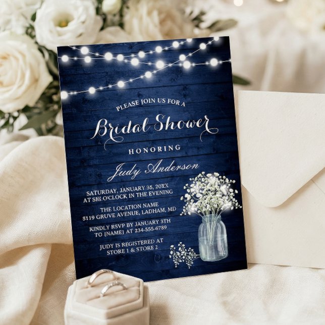 Babys Breath Rustic Navy Blue Lights Bridal Shower Invitation (Creator Uploaded)