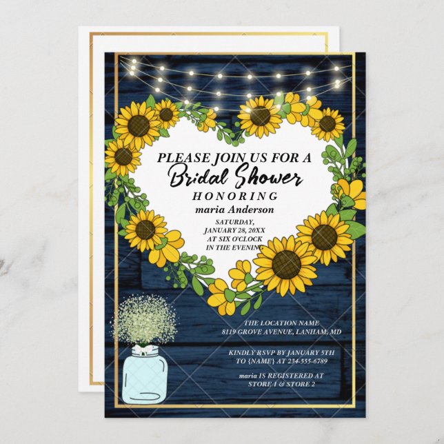 Babys Breath Rustic Navy Blue Lights Bridal Shower Invitation (Front/Back)