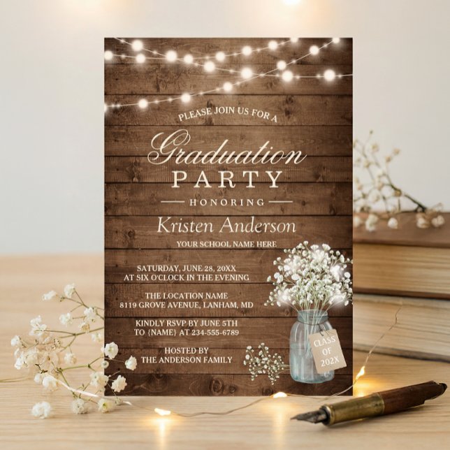 Baby's Breath Rustic String Light Graduation Party Invitation (Creator Uploaded)