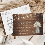 Baby's Breath Rustic String Lights Save the Date Announcement Postcard<br><div class="desc">==(The budget version, please go to: https://www.zazzle.com/239880309957408202)== This "Baby's Breath Rustic String Lights Save the Date Postcard" is a great way to announce your wedding date to family and friends! You can easily customize it to be uniquely yours! (1) For further customization, please click the "customize further" link and use...</div>