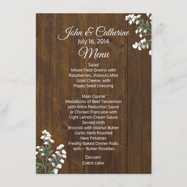 Babys Breath Rustic Wedding Table Menu (Front)