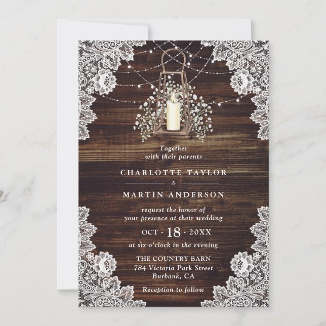 Baby's Breath Rustic Wood Lights Lantern Wedding Invitation (Front)