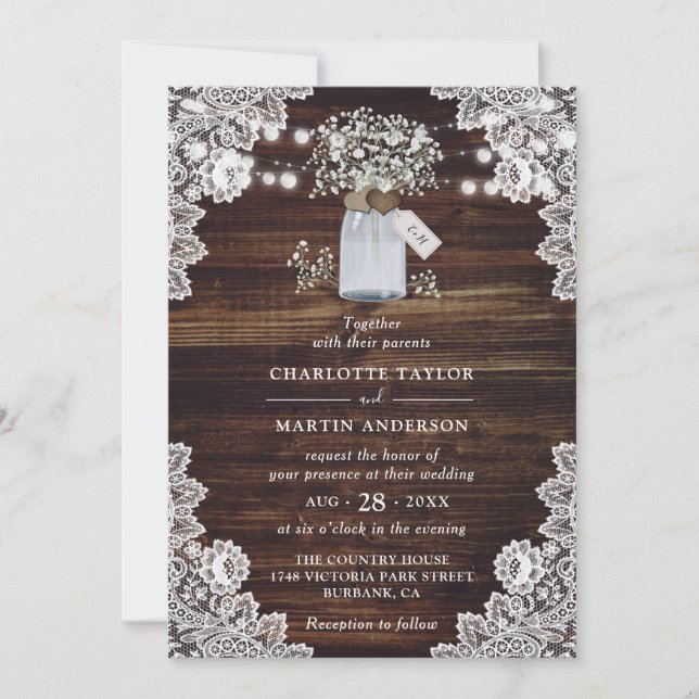 Baby's Breath Rustic Wood Mason Jar Wedding Invitation (Front)
