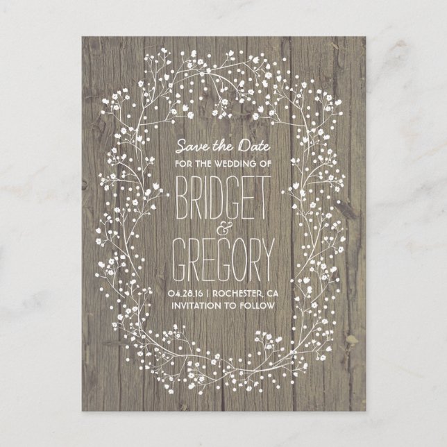 Baby's Breath Rustic Wood Save the Date Announcement Postcard (Front)