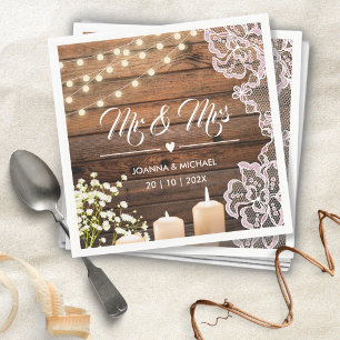 Baby's Breath & String Lights Rustic Wood Wedding  Napkin