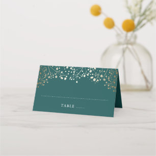 Baby's Breath Teal and Gold Wedding Place Card