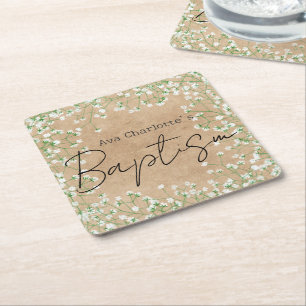 Baby's Breath Watercolor Cute Floral Boho Baptism Square Paper Coaster