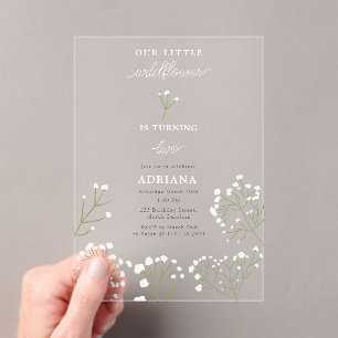 Baby's Breath Watercolor Gypsophila Girl Birthday Acrylic Invitations