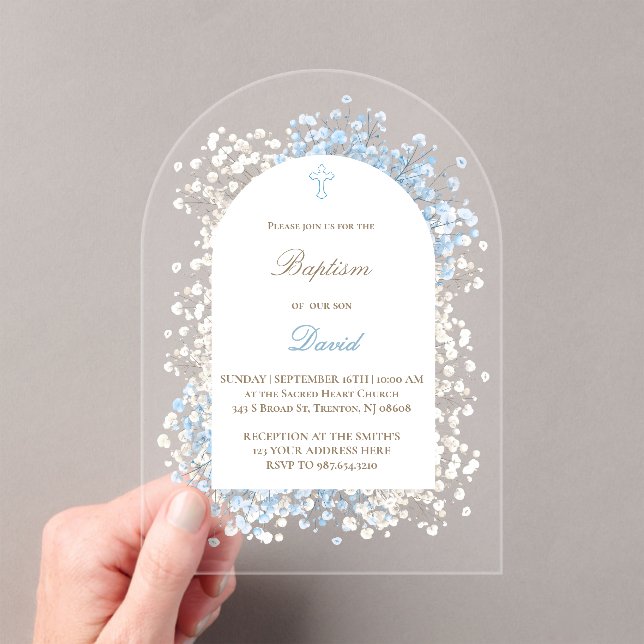 Baby's Breath white blue flowers Baptism Acrylic Invitations (Insitu (Handheld))