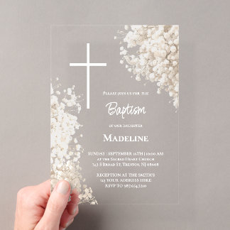 Baby's Breath white flowers Baptism Acrylic Invitations