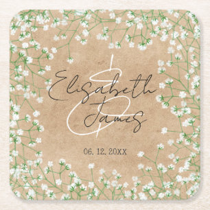    Baby's Breath White Flowers Rustic Boho Wedding Square Paper Coaster