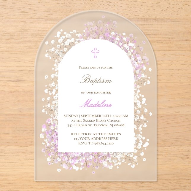 Baby's Breath white lilac baby girl Baptism Acrylic Invitations (Front)
