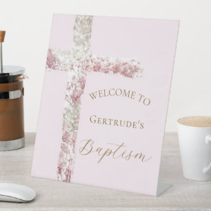 baby's breath white pink cross Baptism welcome Pedestal Sign