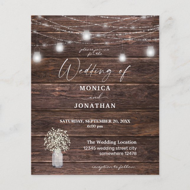 Baby's Breath, Wood, & Jar String Lights Wedding F Flyer (Front)