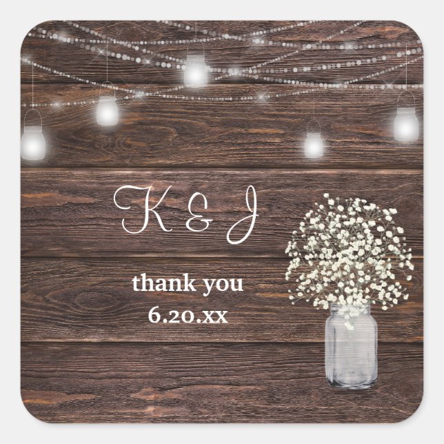 Baby's Breath, Wood & Mason Jar String Lights Square Sticker (Front)