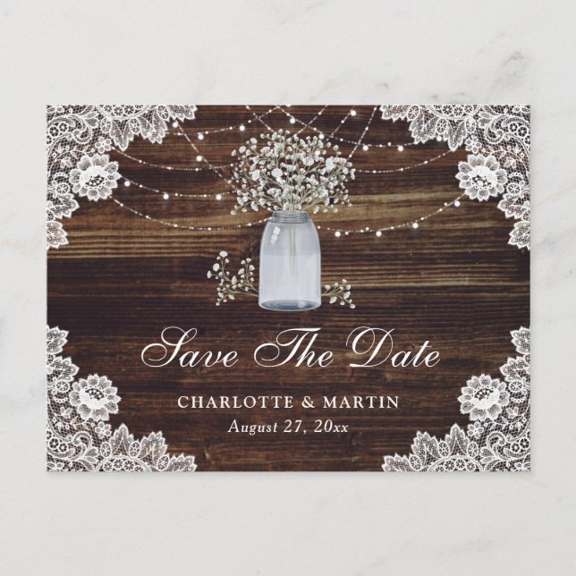 Baby's Breath Wood Mason Jar Wedding Save The Date Announcement Postcard (Front)